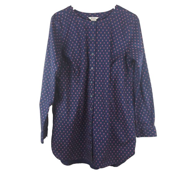 Duluth Trading Button Up Tunic Women Med. Navy Blue Pink Pineapple Print - Picture 2 of 12